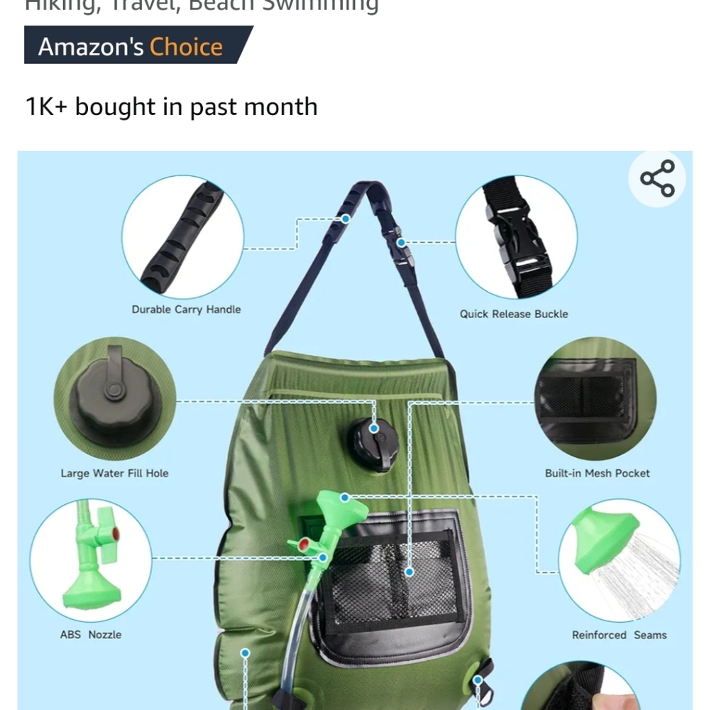 Solar Lortable shower bag 5gal solar heating outdoors for Camping Hikin… - Picture 7 of 7